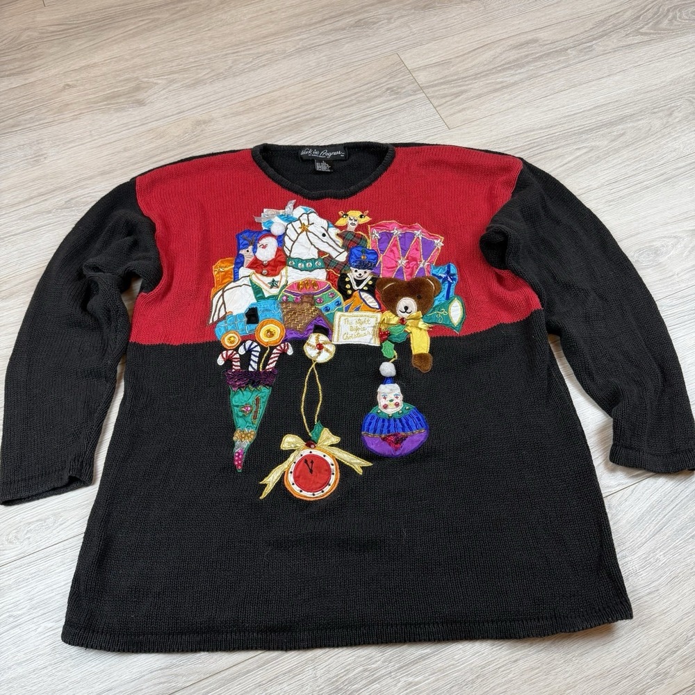 Work in Progress Gladys Bagley Ugly Christmas Sweater Red Black‎ Holiday Scene L